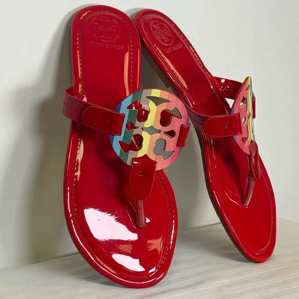 Tory Burch Iconic ‘Miller’ Thong Sandal Vibrant Glossy Red Women’s Size 41